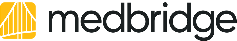 Medbridge logo with bold black text and a yellow abstract curved design on the left.